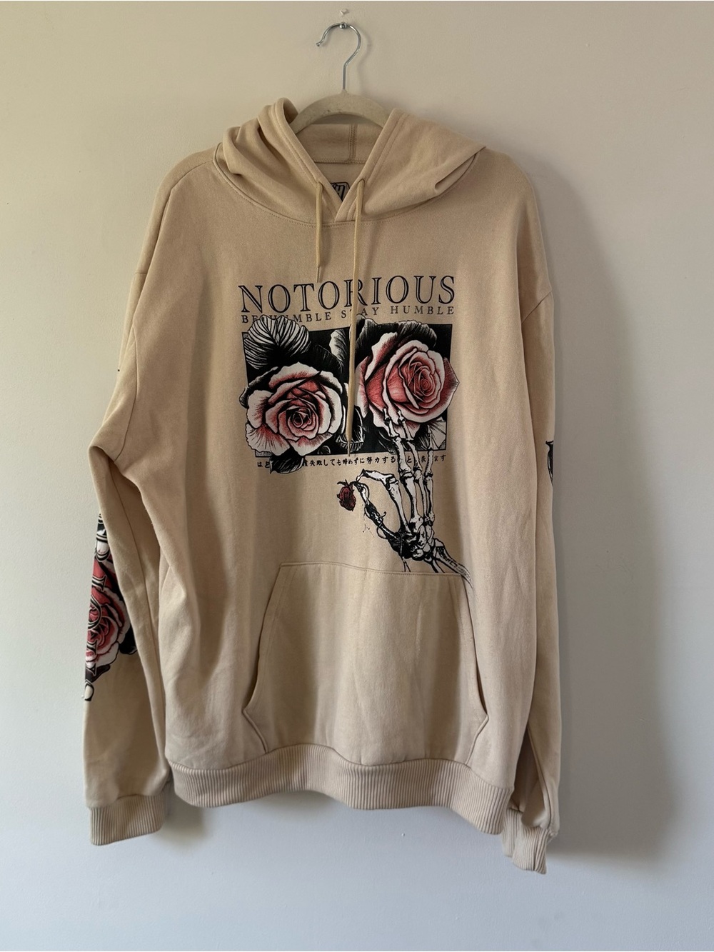 Fresh Laundry Notorious Rose Graphic Hoodie Skeleton Hand Beige Oversized Men’s